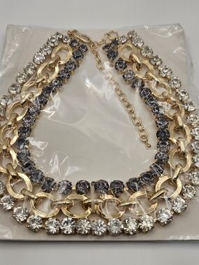 NEW Skyline Collection 3 Chain Gold Necklace with Diamond CZ and Smoky Quartz CZ